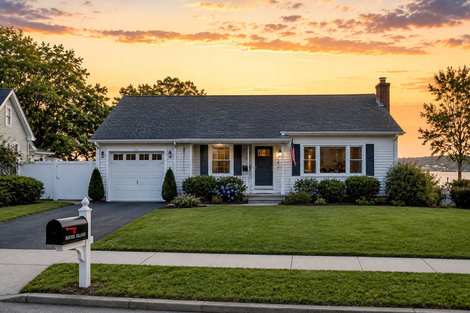 Sunset view of a white stucco home with a tiled roof, palm trees, and a manicured front lawn