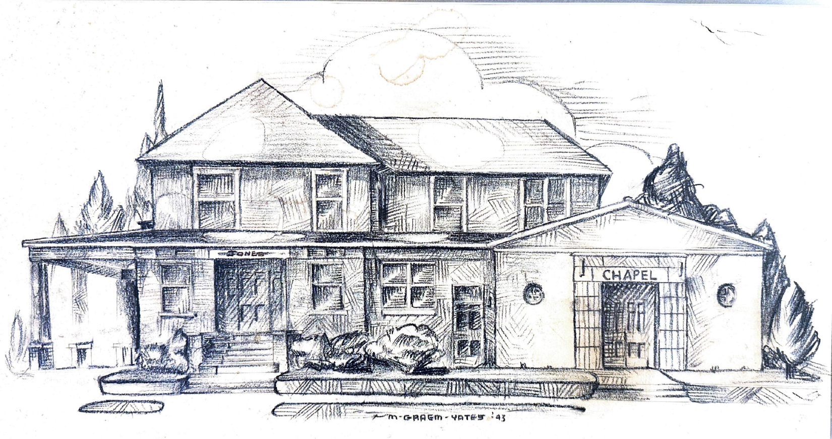 Pencil sketch of a two-story house with porch, windows, and a front walkway