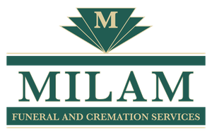 Milam Funeral and Cremation Services logo in teal and gold with stylized M emblem
