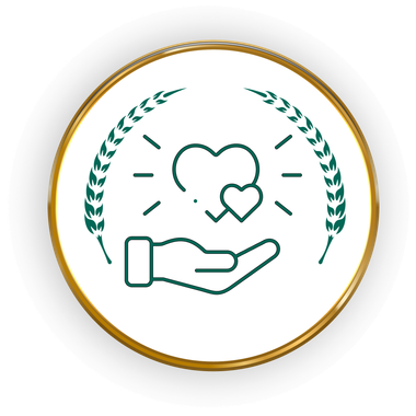 Green hand holding a heart with laurel wreath inside a gold circle emblem