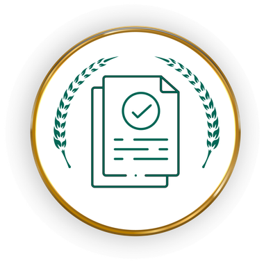 Green document with checkmark framed by laurel wreath inside a gold circle