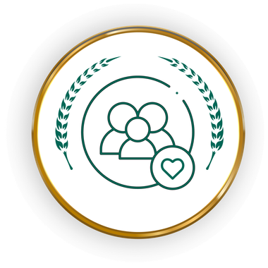 Green family icon with heart inside a gold circular emblem and laurel accents