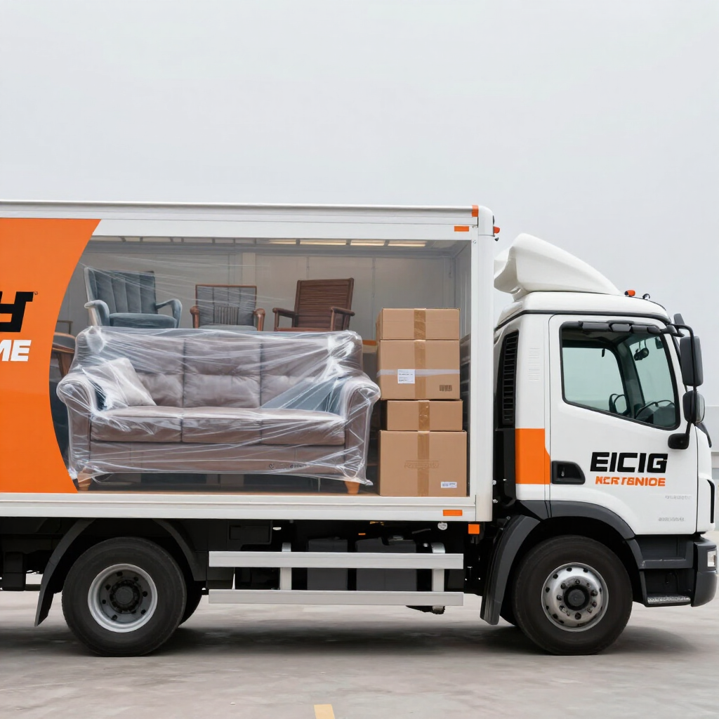 Camión de mudanzas naranja y blanco cargado de muebles y cajas, vista lateral.