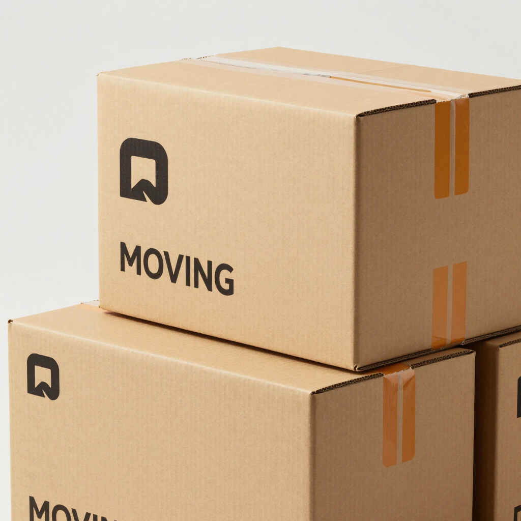 Cajas de cartón apiladas para mudanzas con etiquetas negras y naranjas.