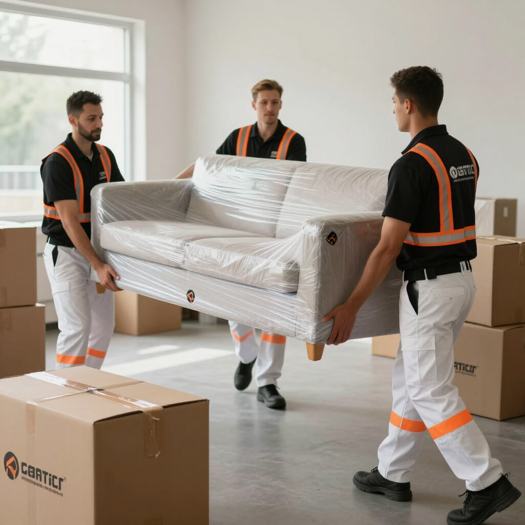 Tres operarios con uniformes negros transportan un sofá envuelto a través de una habitación luminosa llena de cajas.