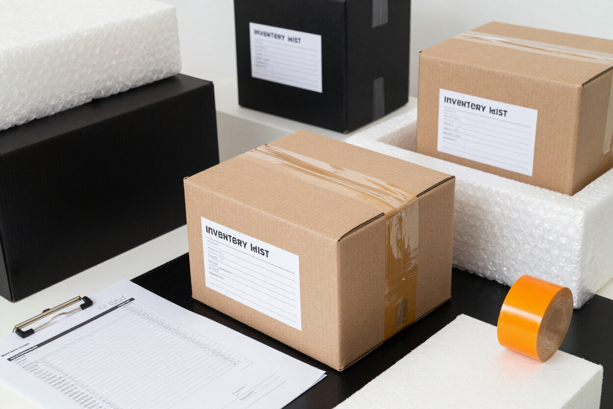 Cajas de cartón y materiales de embalaje sobre un escritorio, incluyendo plástico de burbujas, un portapapeles.