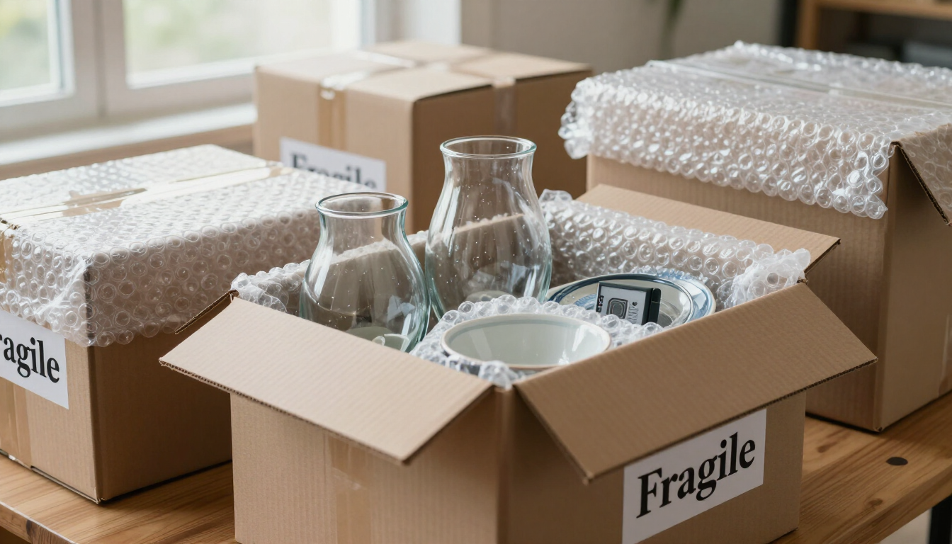 Sobre una mesa de madera, hay cajas de cartón abiertas con plástico de burbujas y cristalería, etiquetadas como 