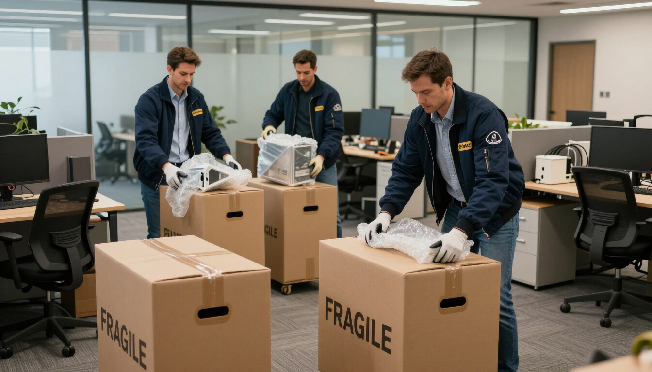 Tres trabajadores con uniformes de la marina descargan cajas frágiles en la sala de descanso de una oficina moderna.