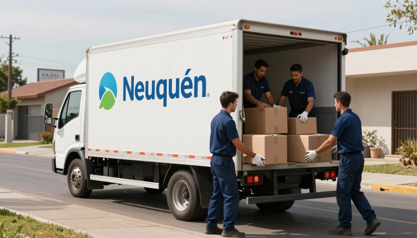 Trabajadores cargando cajas en una furgoneta de reparto blanca de Neuquén en una calle residencial.