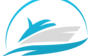 A stylized turquoise and white boat on water inside a turquoise oval.