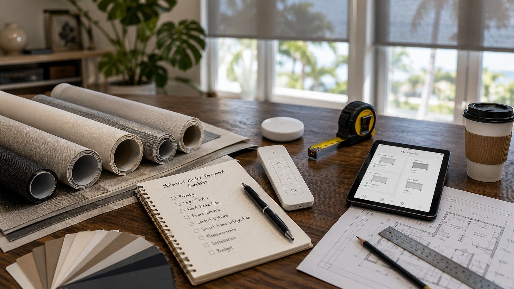 Frustrated homeowner looking at damaged motorized roller shades after a failed installation