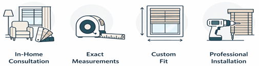 Icons for in-home consultation, exact measurements, custom fit, and professional installation.