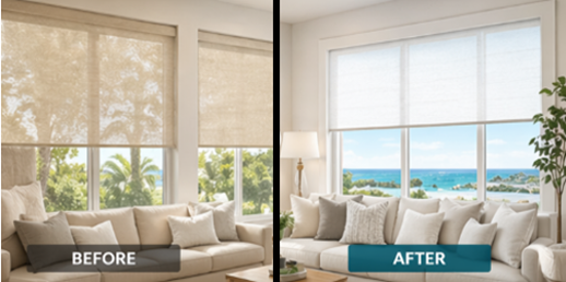 Before-and-after living room window treatment: beige blinds replaced with white shades, revealing ocean view.