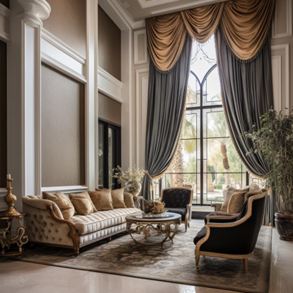 Elegant living room with tall arched windows, gold drapes, tufted sofa, and dark accent chairs.
