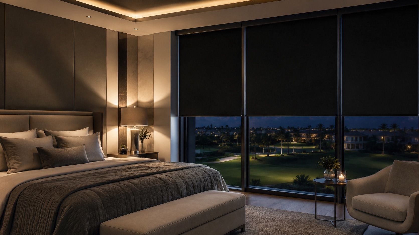 Motorized blackout shades installed in a Delray Beach FL master bedroom — automated window treatment