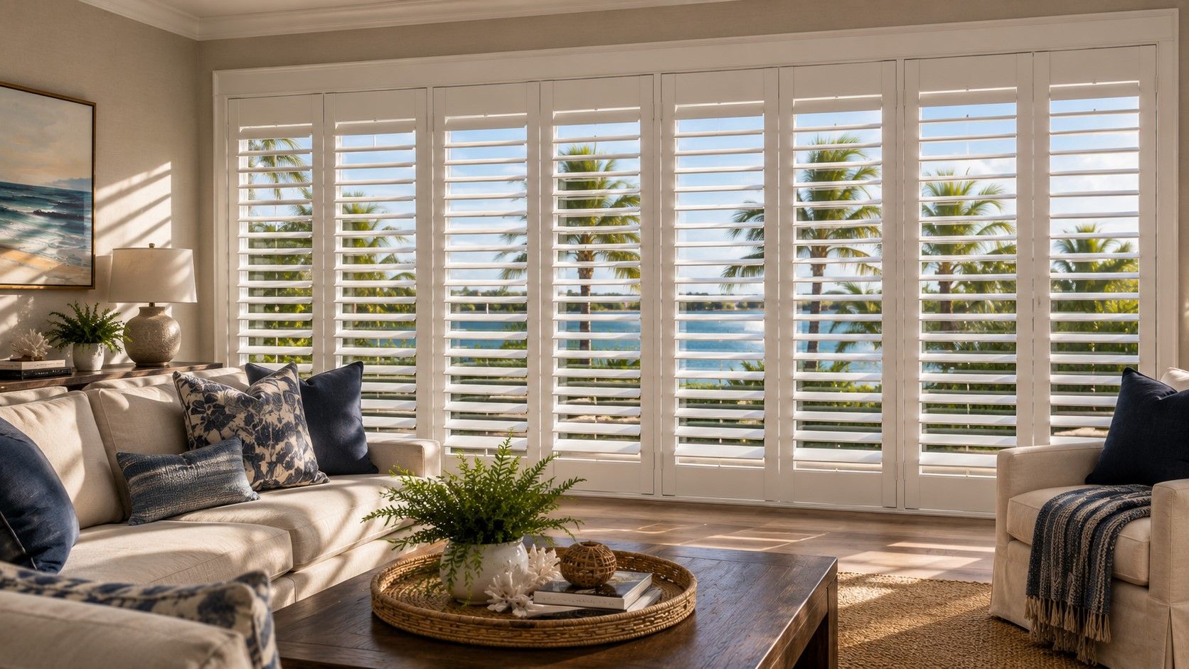 White composite plantation shutters on large windows in a bright Delray Beach living room, louvers a