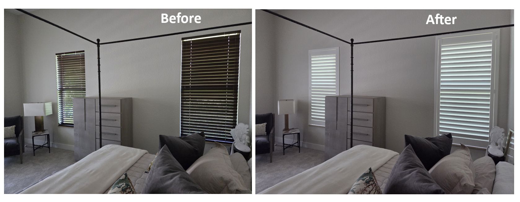 Before-and-after bedroom view showing dark window blinds replaced with brighter white blinds.