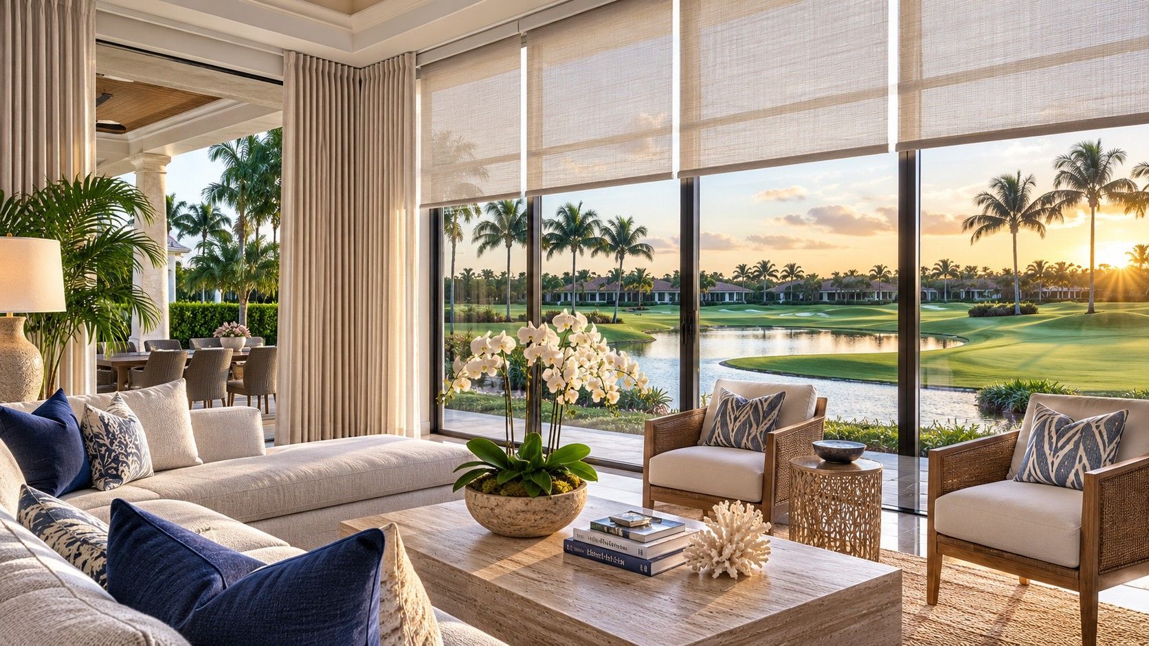 Motorized solar shades on golf course-facing windows in a Boynton Beach country club home — Surfside