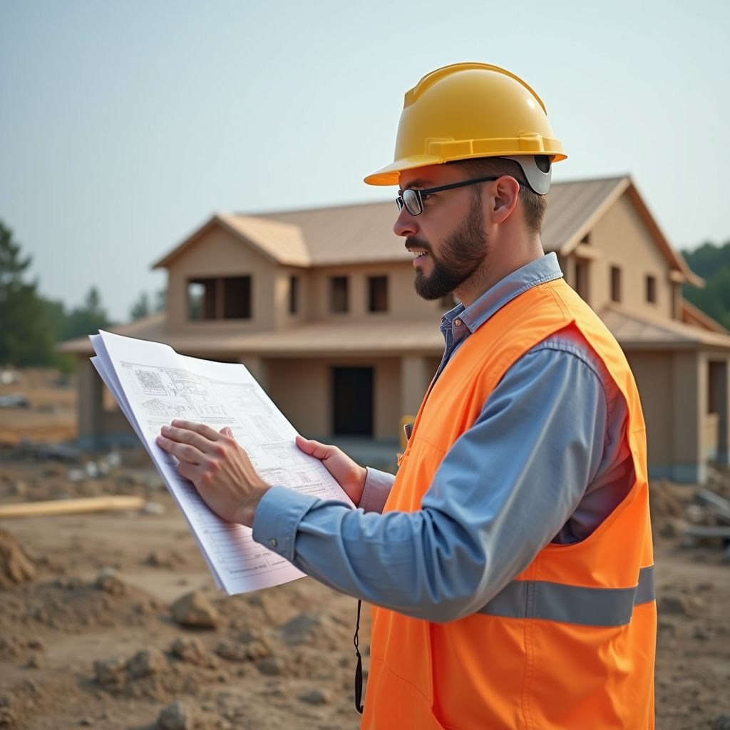 Construction worker wearing a hard hat and vest reviews blueprints in front of a house under construction.