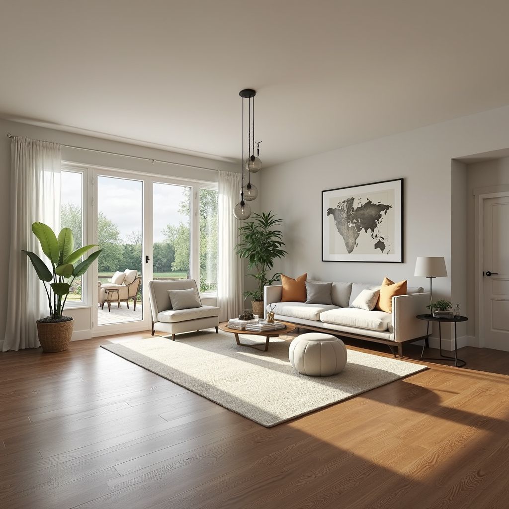 Spacious living room with natural light, a sofa, and patio access. Includes plants and modern décor.