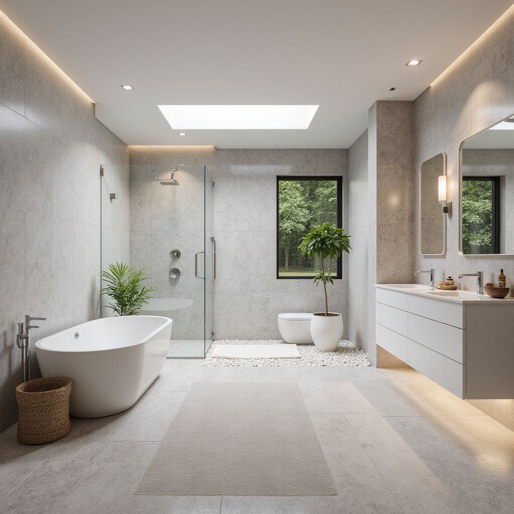 Modern bathroom with a bathtub, shower, toilet, and vanity in neutral tones.