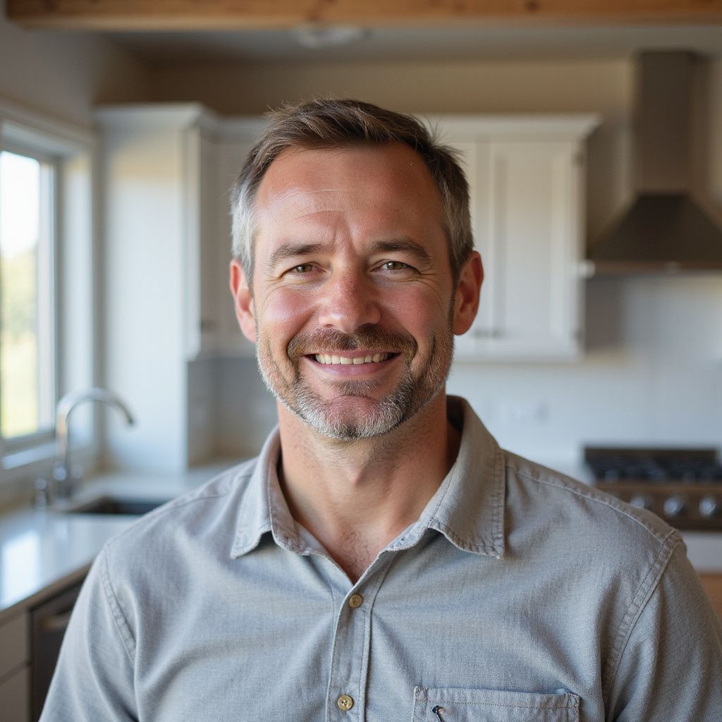 Smiling man in gray shirt in front of a kitchen.