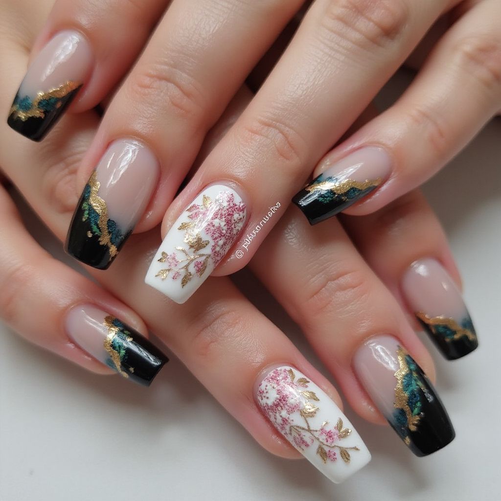 Hands with square-shaped nails; some with floral designs, others with dark teal and gold accents.