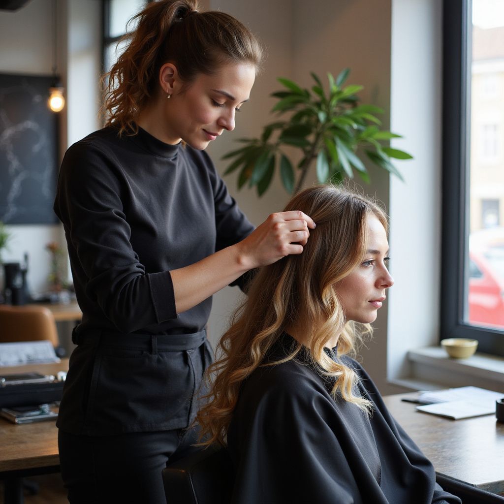 Hairdresser styling a client's wavy hair in a salon. Both are wearing black clothing. Bright, natural light.