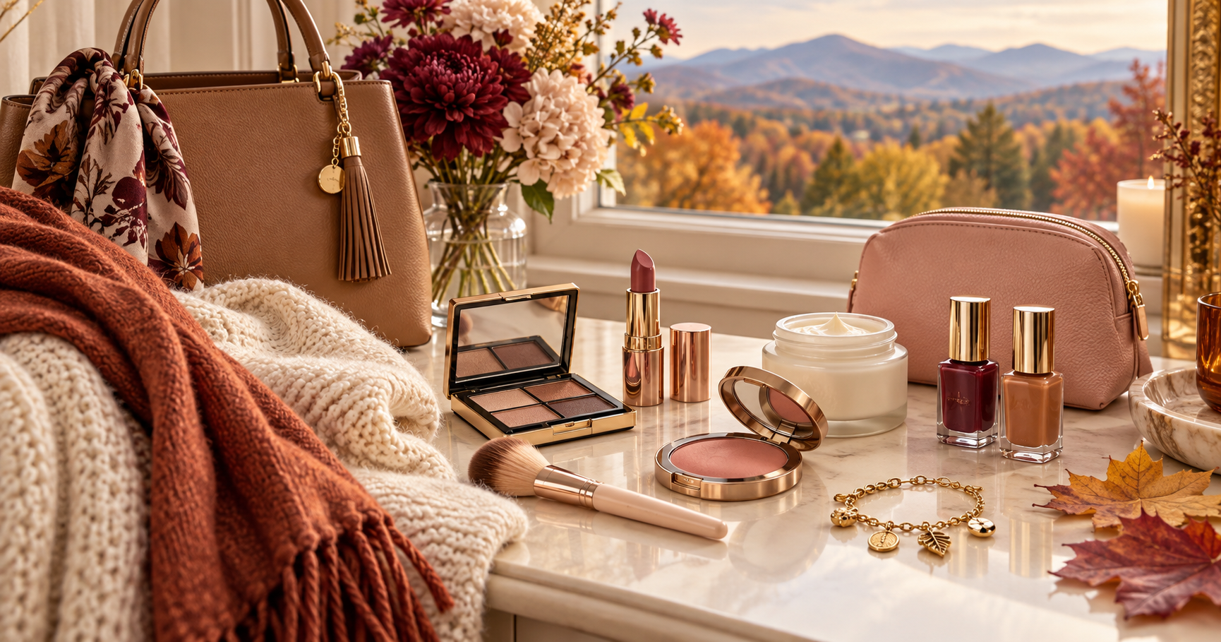 Cozy vanity with makeup, jewelry, flowers, and autumn view through a window