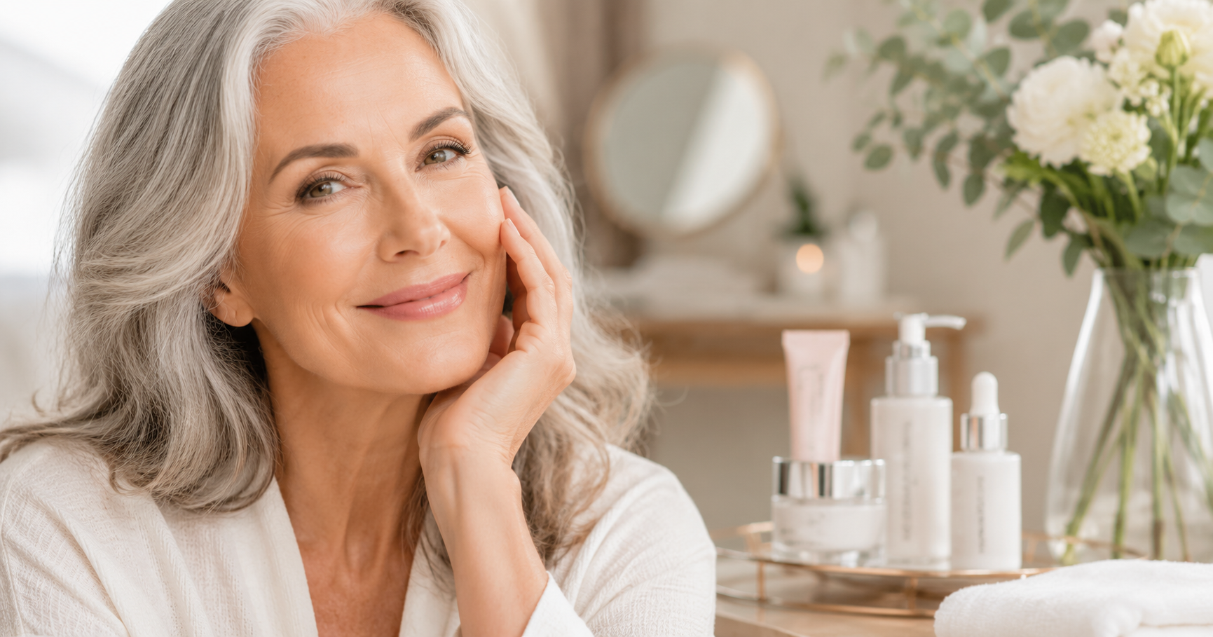 Smiling woman with gray hair beside skincare bottles in a bright vanity setting