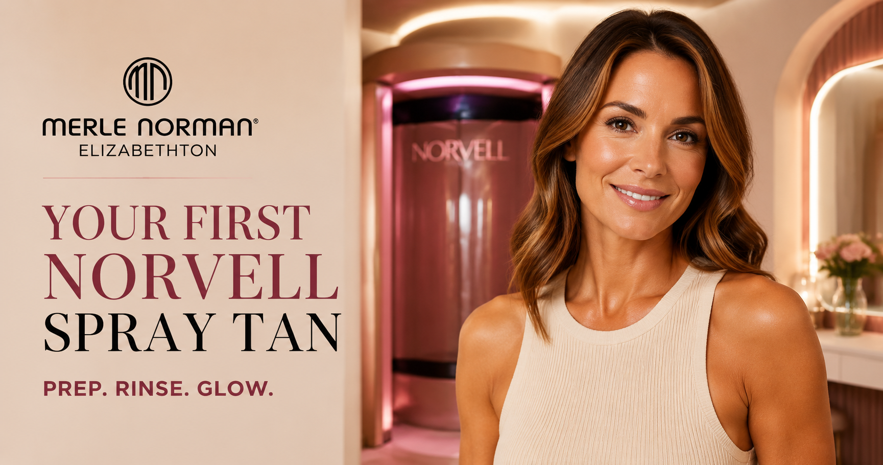Merle Norman ad with a woman beside Norvell spray tan bottles and the text “Your first Norvell spray tan.”