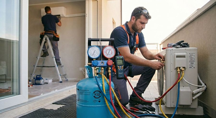 Due tecnici effettuano la manutenzione di un impianto di climatizzazione all'esterno, uno inginocchiato accanto agli indicatori e l'altro su una scala all'interno.