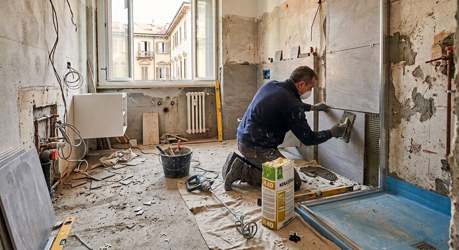 Un operaio sta ristrutturando una stanza, utilizzando un utensile elettrico su una parete tra macerie e materiali edili.