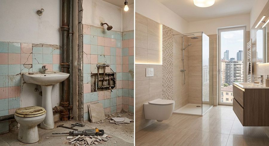 Ristrutturazione di un bagno datato accanto a un bagno moderno ed elegante con doccia, WC e vista sulla città.