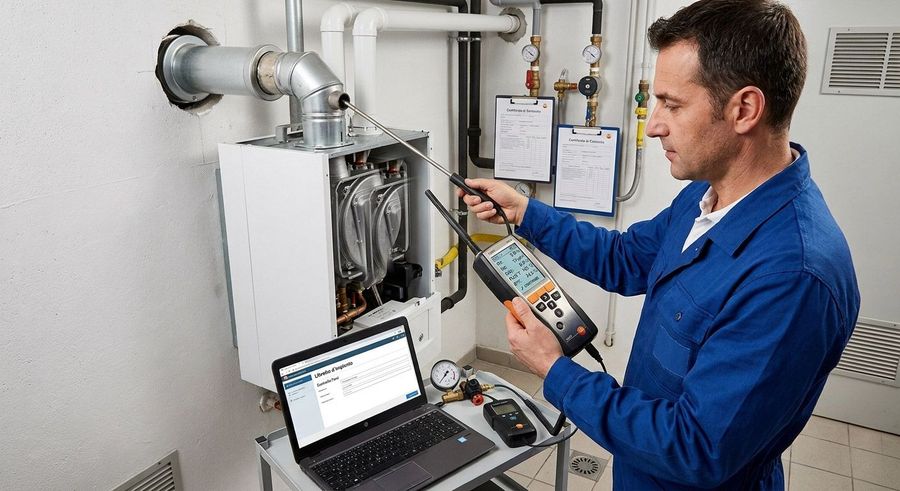 Un tecnico in uniforme blu ispeziona il pannello di controllo dell'impianto di climatizzazione con un computer portatile e un misuratore portatile in un locale tecnico.
