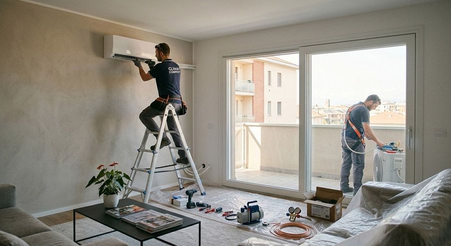 Due operai dipingono un luminoso soggiorno, uno su una scala e l'altro vicino alla finestra del balcone.