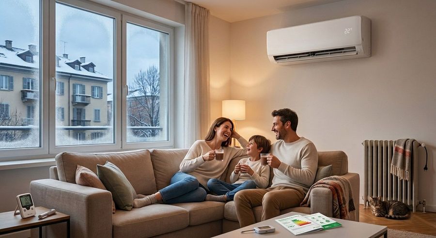 Una famiglia si rilassa su un divano beige in un luminoso soggiorno con ampie finestre e un condizionatore a parete.