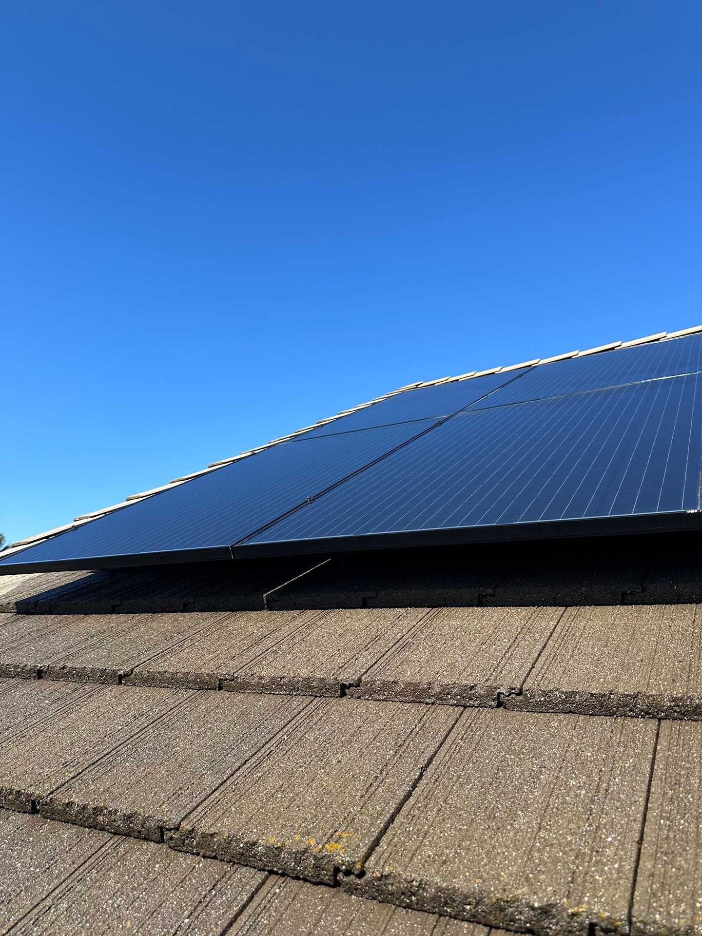 Solar panels on a slanted rooftop under a clear blue sky.