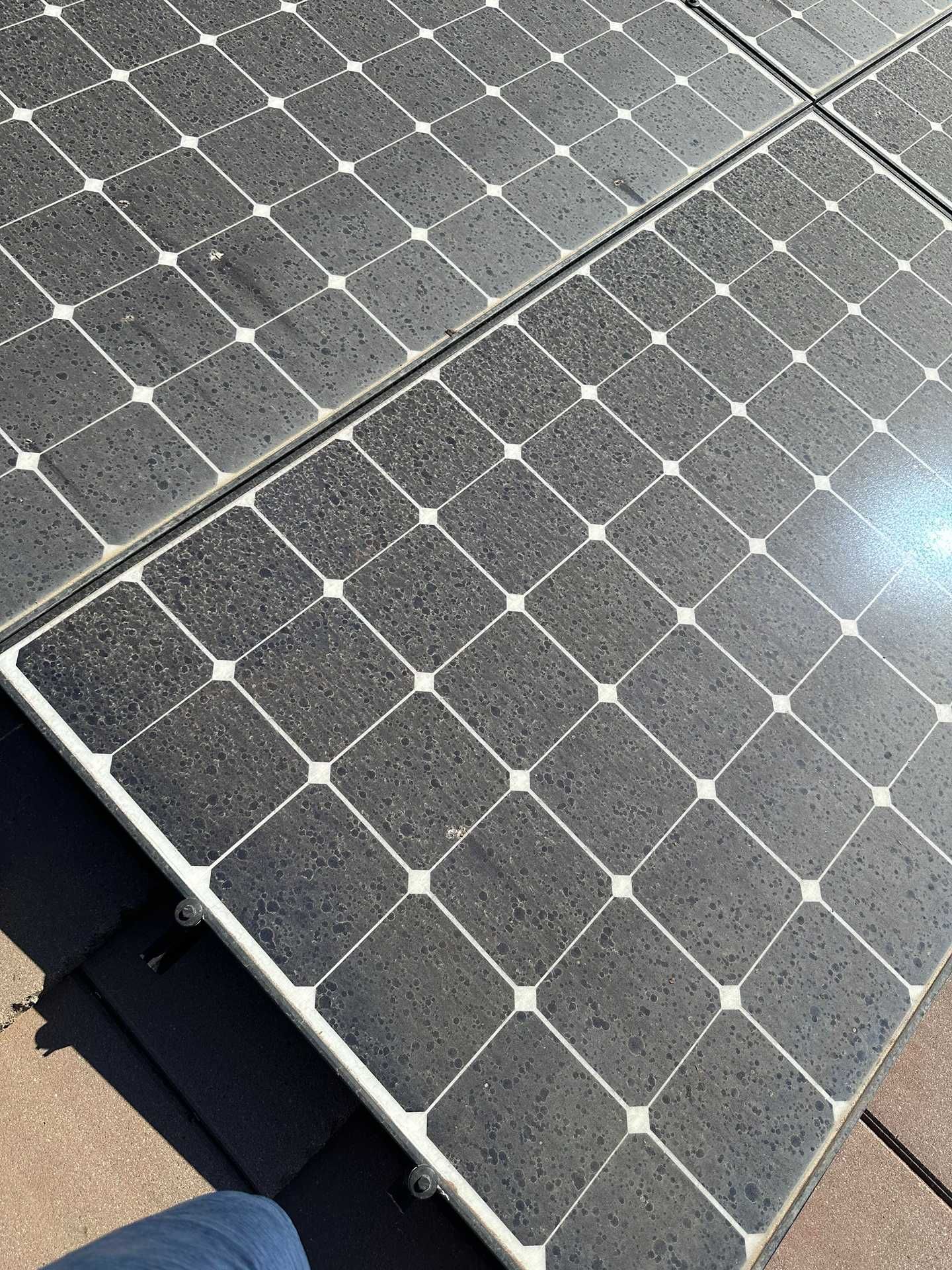 Close-up of rooftop solar panels with dark gray cells and bright sunlight glare