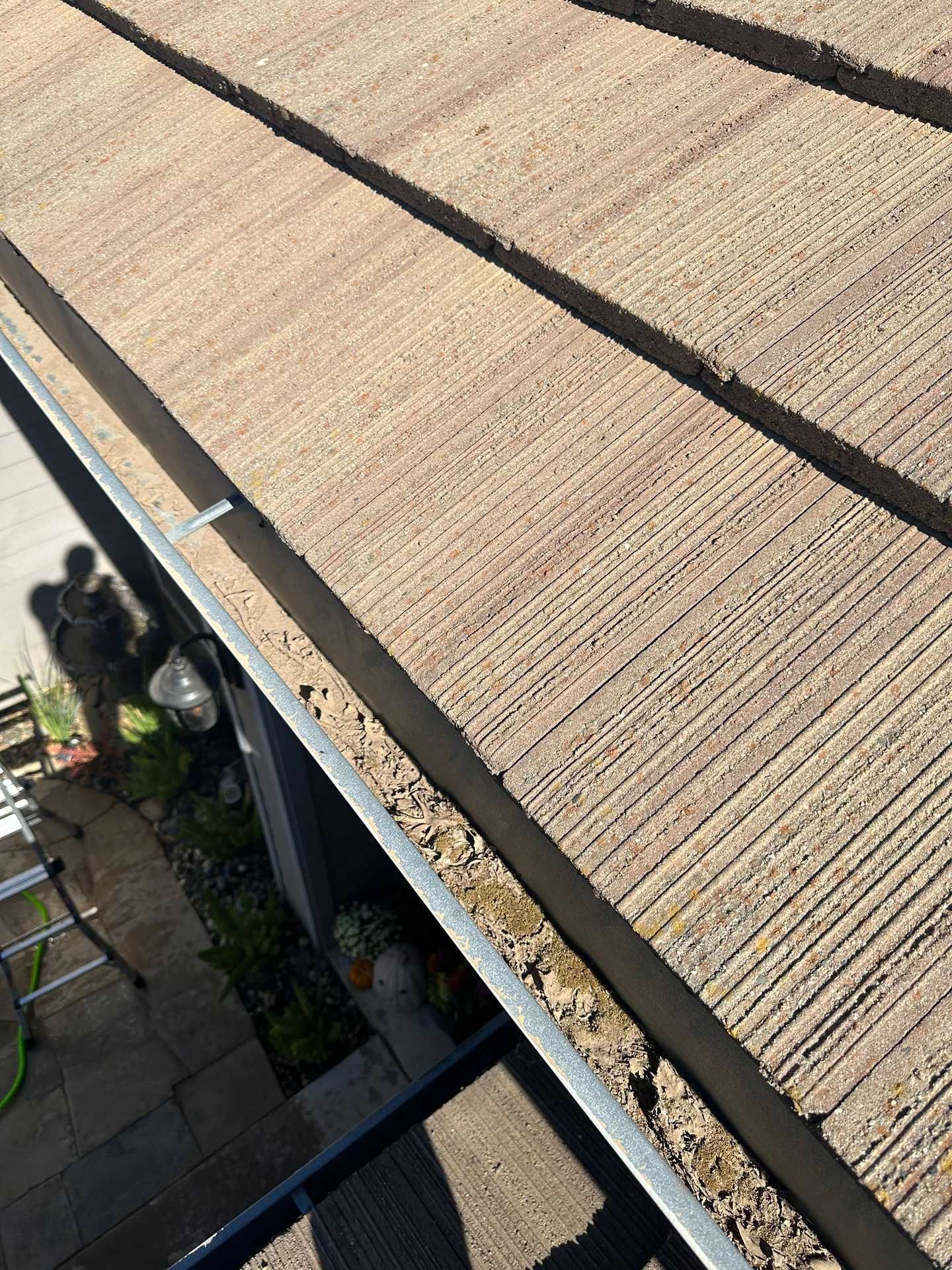 Roof shingles beside a rain gutter, with a balcony and plants below.