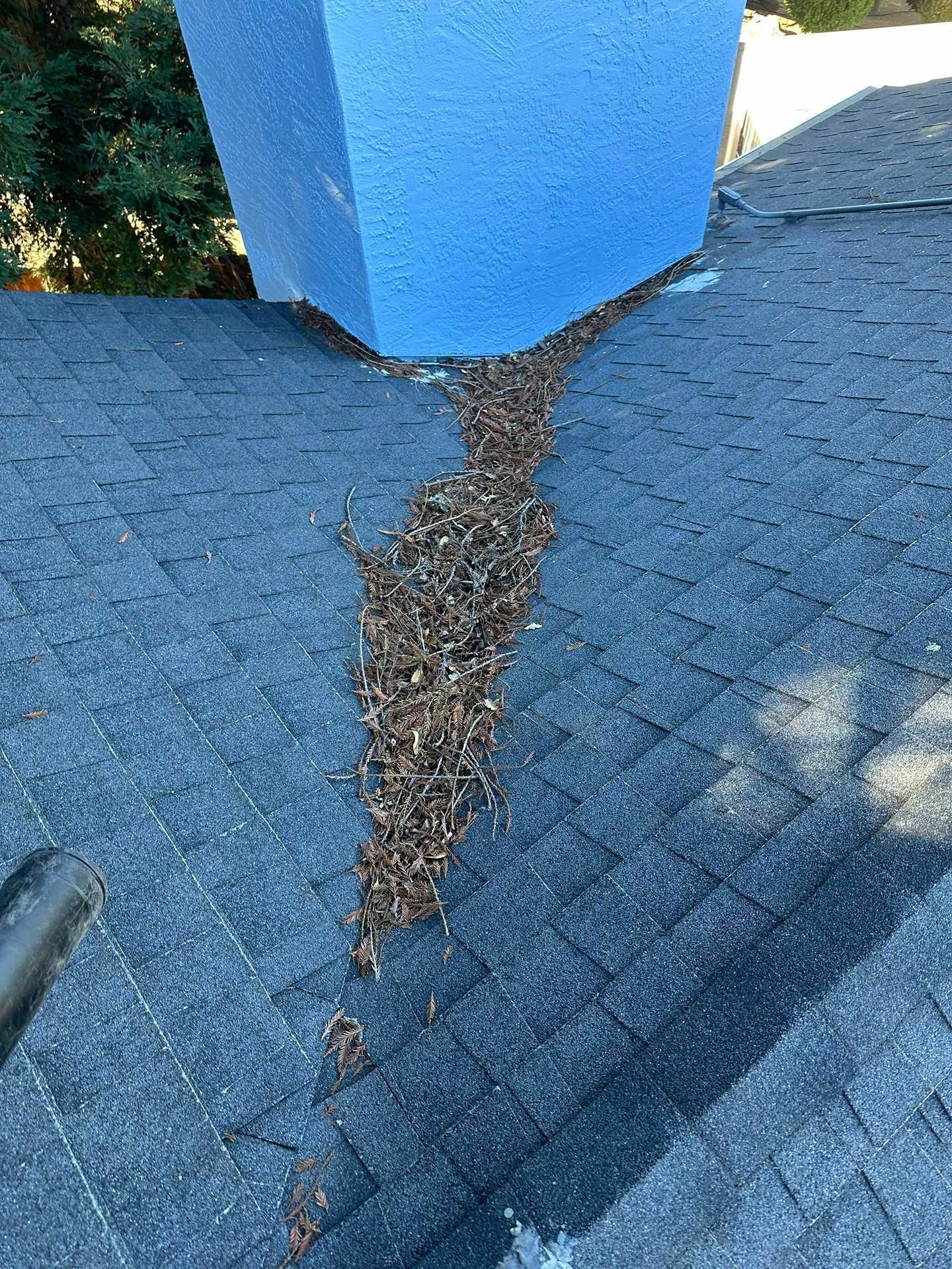 Blue roof shingles with a damaged seam and exposed debris around a vent base
