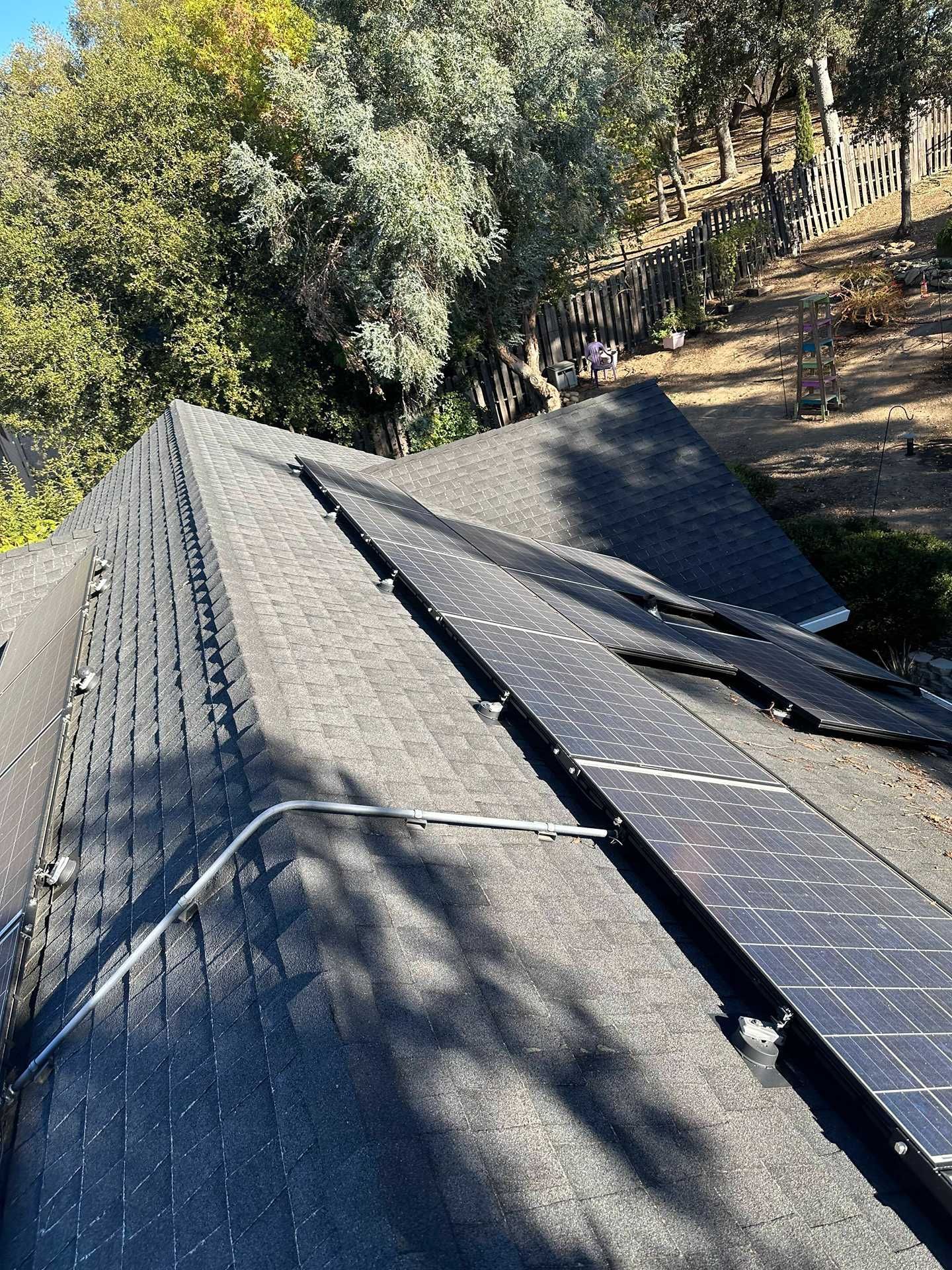 Roof with black solar panels in a wooded area, viewed from above