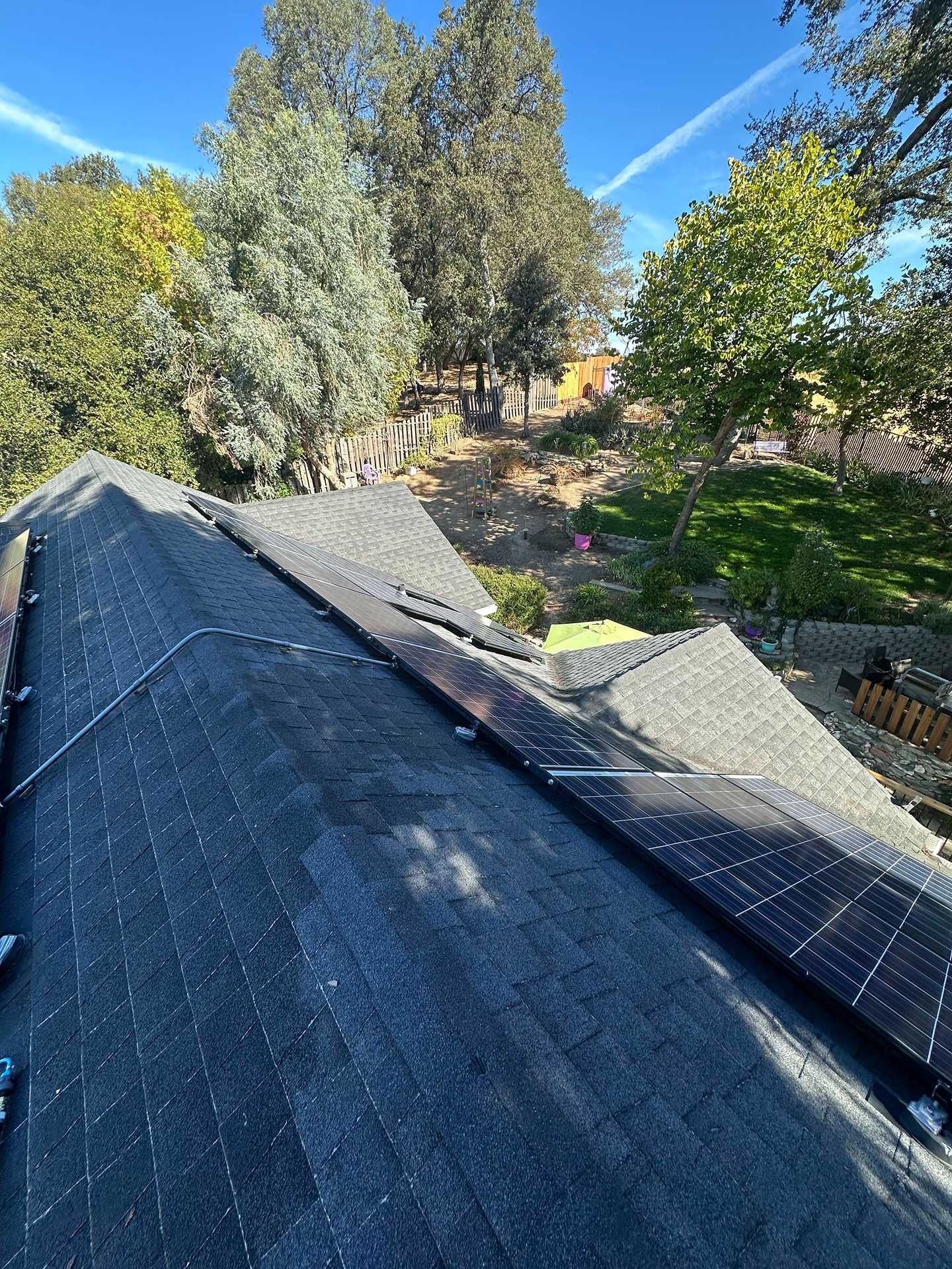 Rooftop with black shingles overlooking trees and a sunny garden