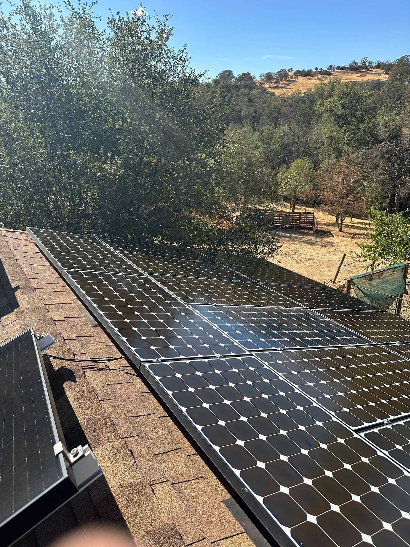 Rows of solar panels on a rooftop beside trees and dry hills in bright sunlight