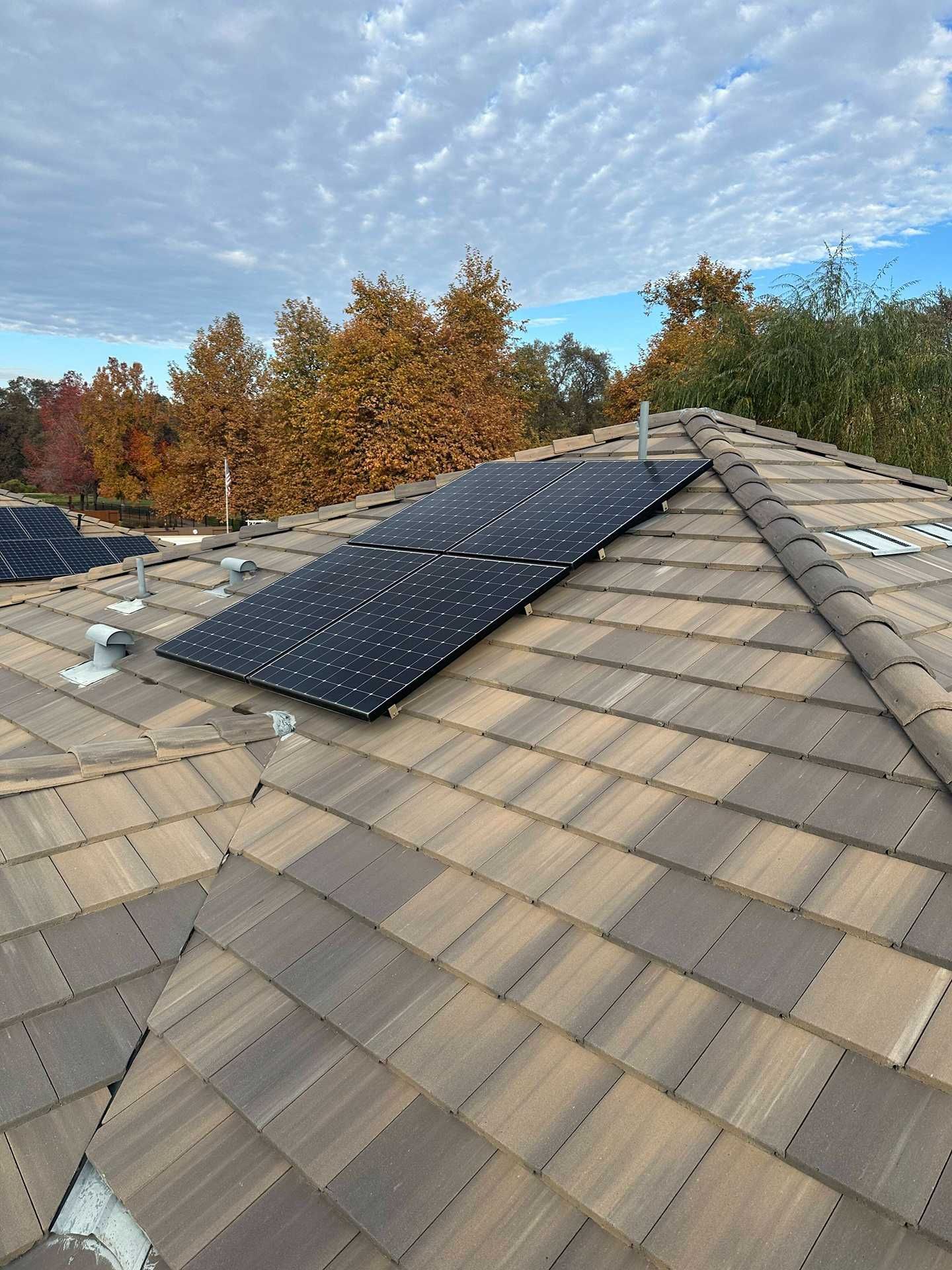 Rooftop with solar panels on gray shingles under a blue sky with autumn trees in the background