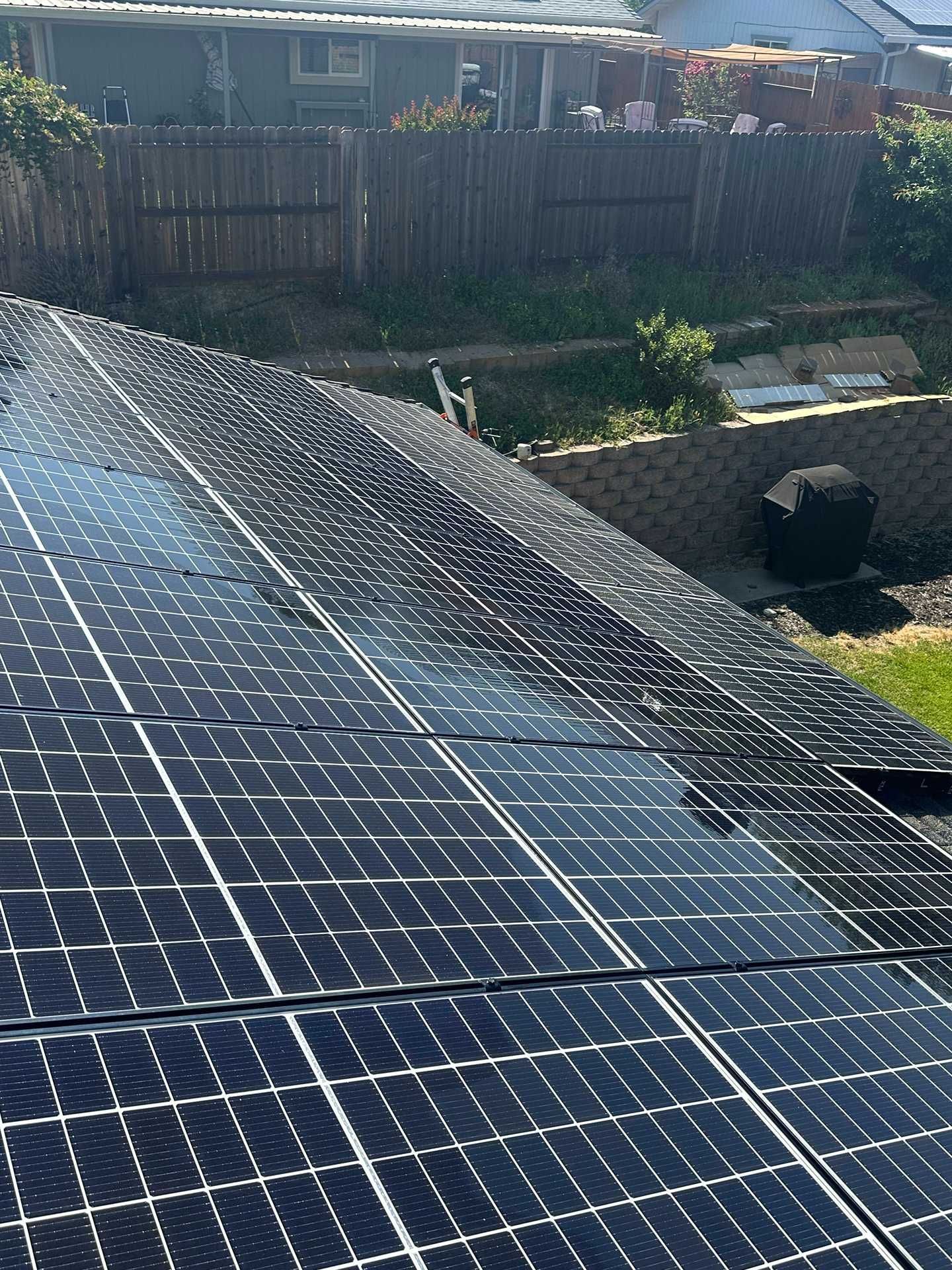 Solar panels covered in sunlight and water droplets beside a backyard fence and garden.