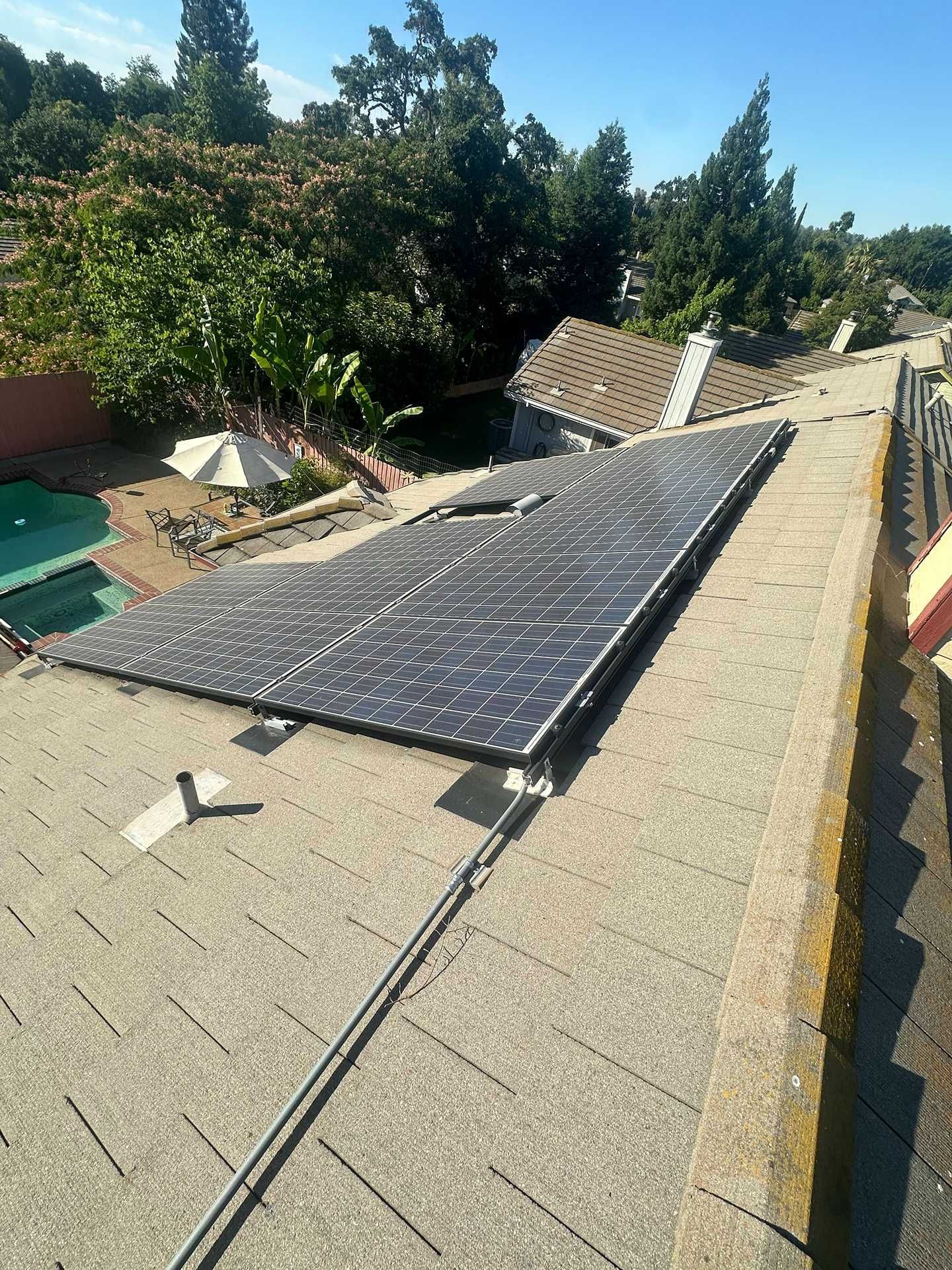 Rooftop solar panel array on a shingled roof beside trees and a clear sky