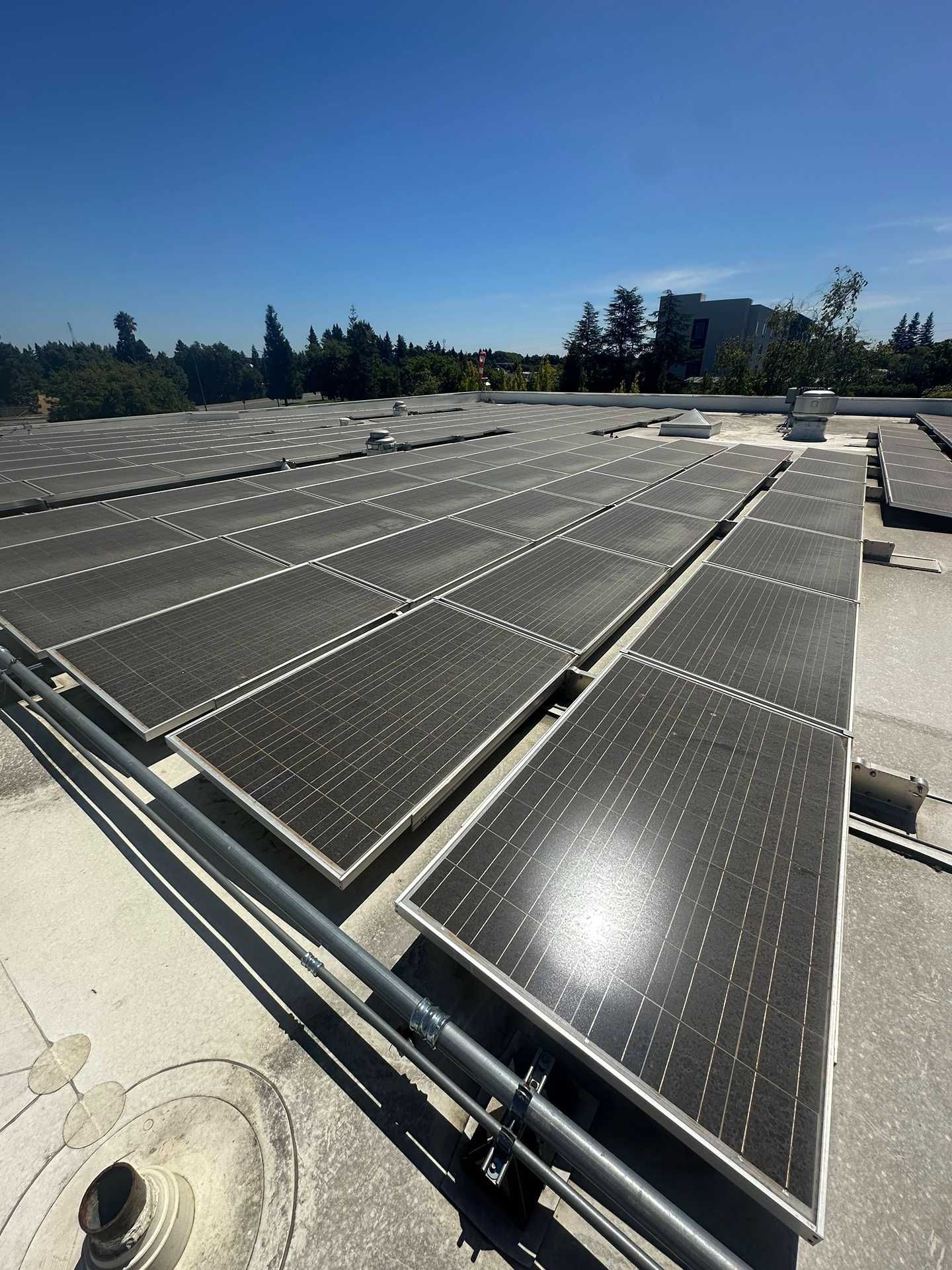 Rows of solar panels on a rooftop under a clear blue sky