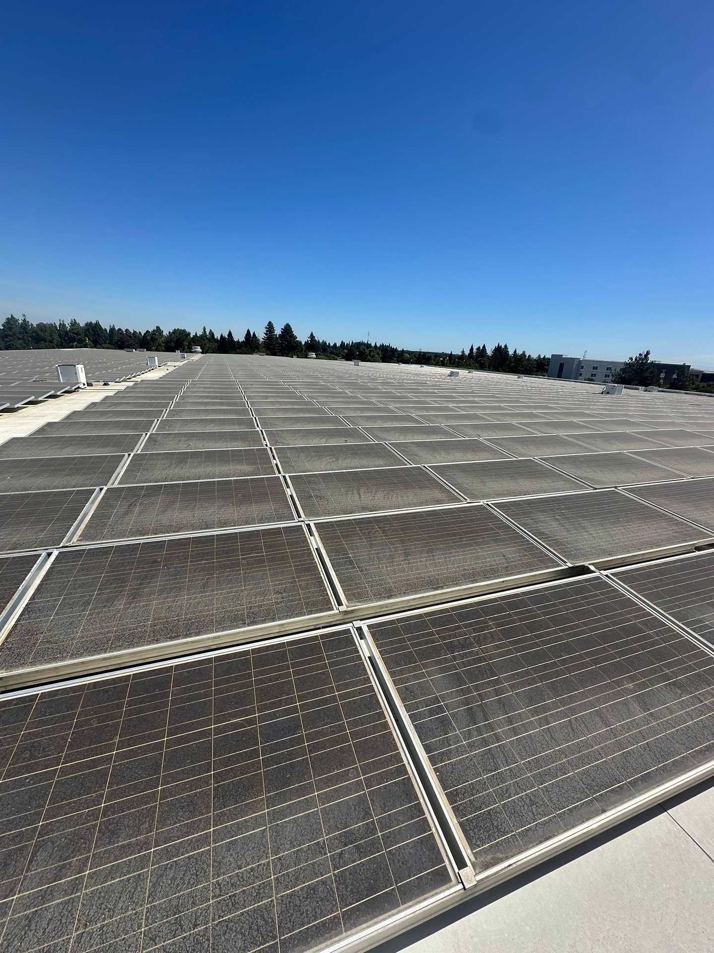Solar panels on a rooftop under a clear blue sky.