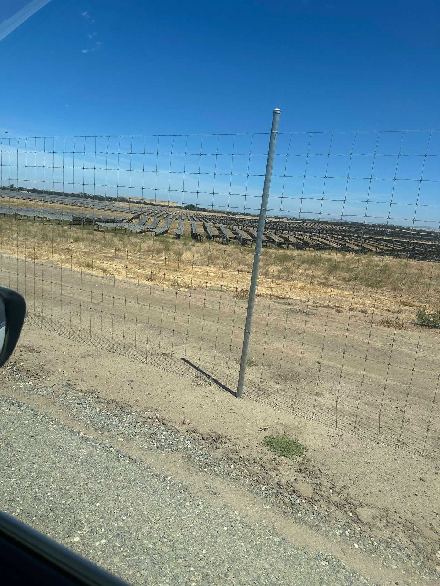 Desert roadside fence under a clear blue sky, seen from a moving vehicle.